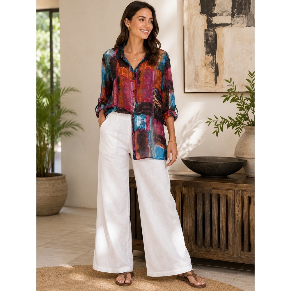 Chico's Button Down Burnout Abstract Asian Art to Wear Silk Sheer Shirt Sz XL